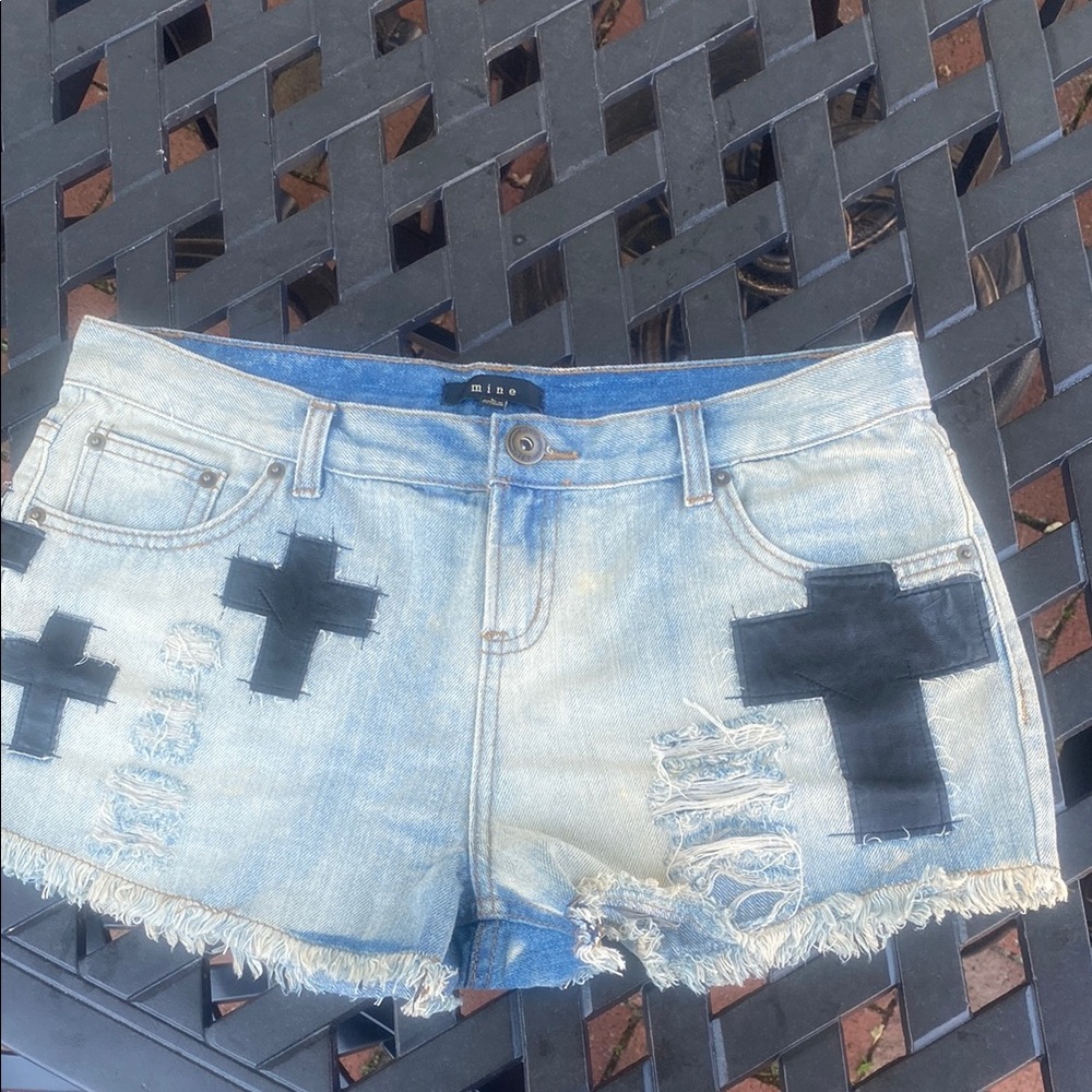 Mine Blue and Black Jean Shorts Distressed Style